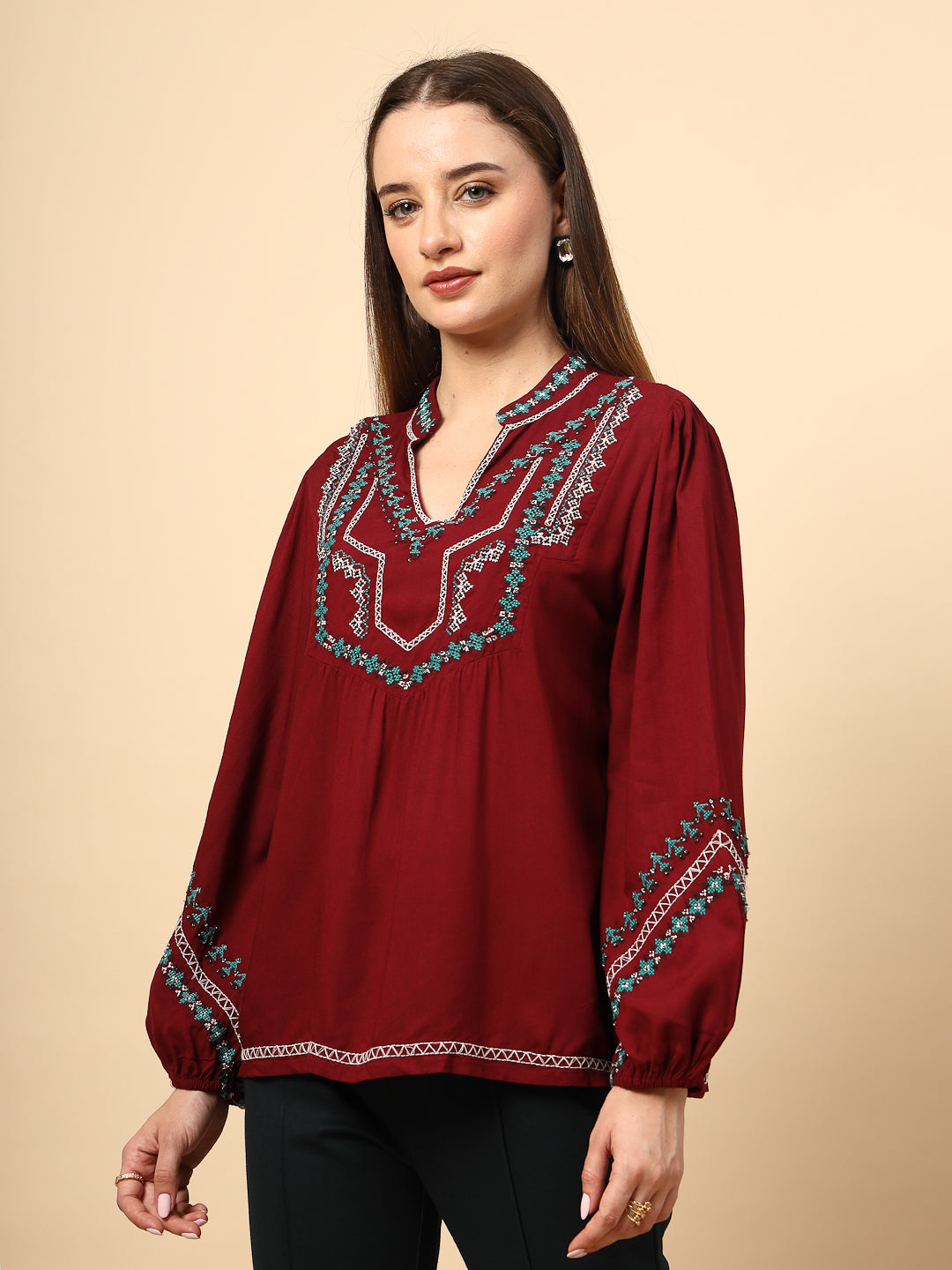 Maroon Rayon Tunic with Embroidey And Embellished Front