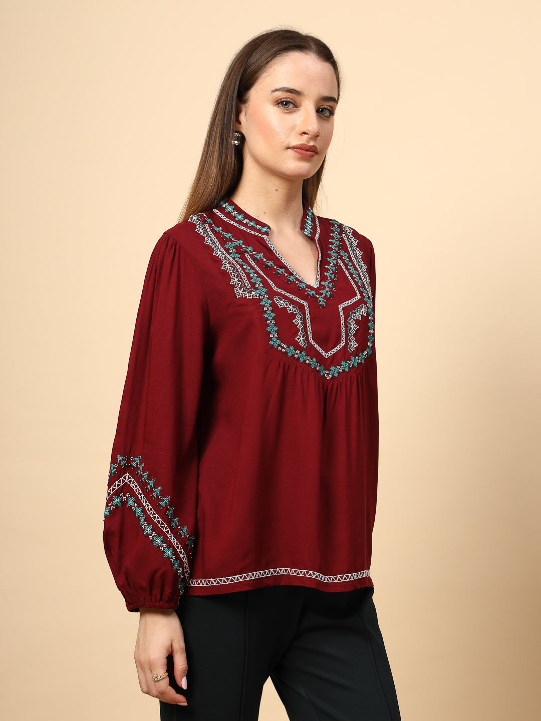 Maroon Rayon Tunic with Embroidey And Embellished Front