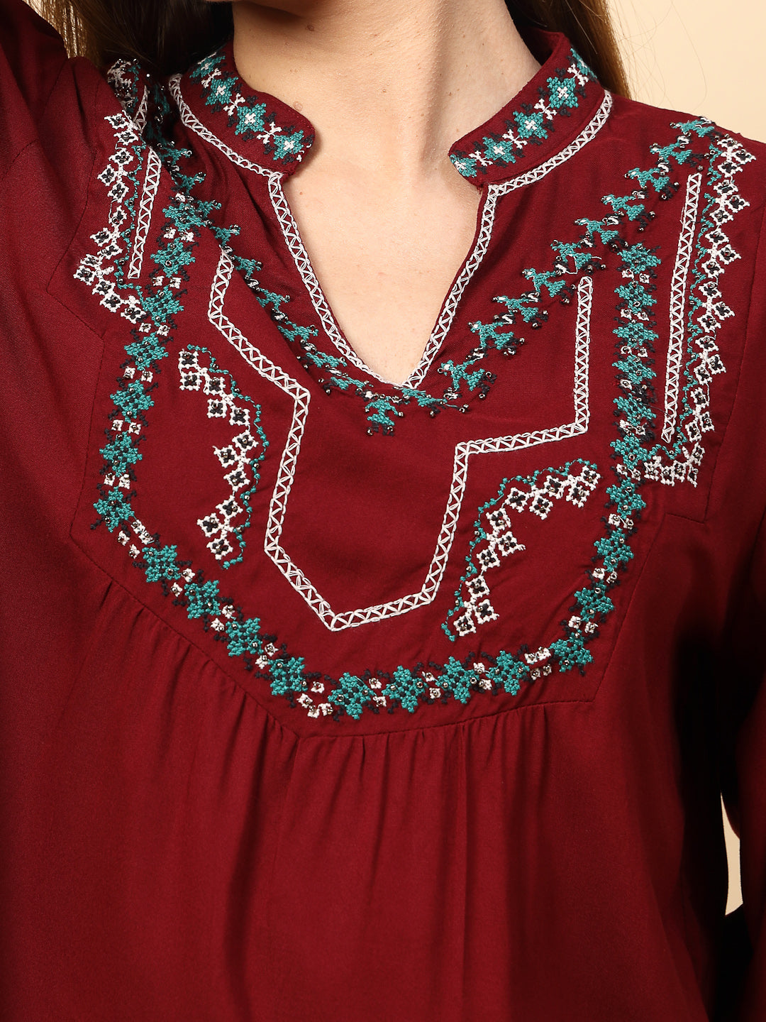 Maroon Rayon Tunic with Embroidey And Embellished Front