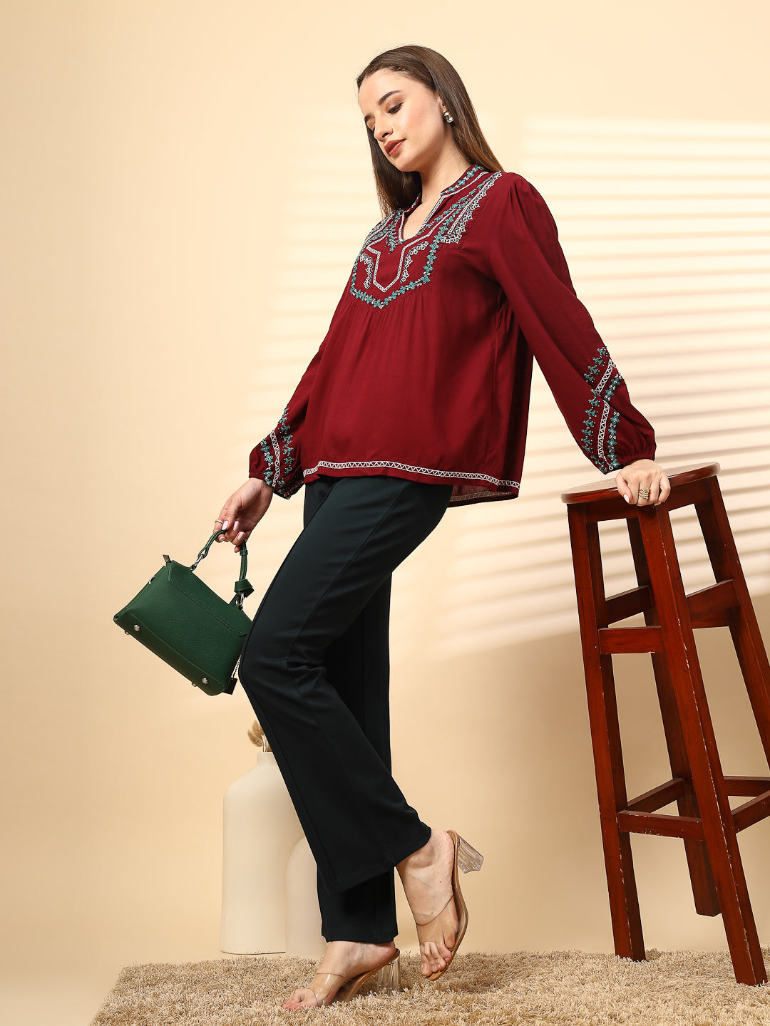 Maroon Rayon Tunic with Embroidey And Embellished Front