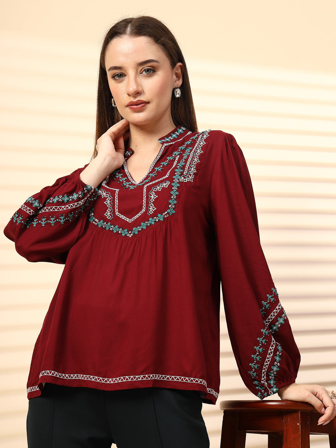 Maroon Rayon Tunic with Embroidey And Embellished Front