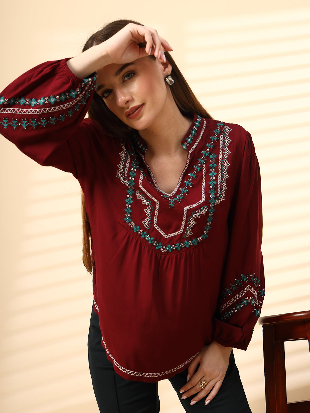 Maroon Rayon Tunic with Embroidey And Embellished Front