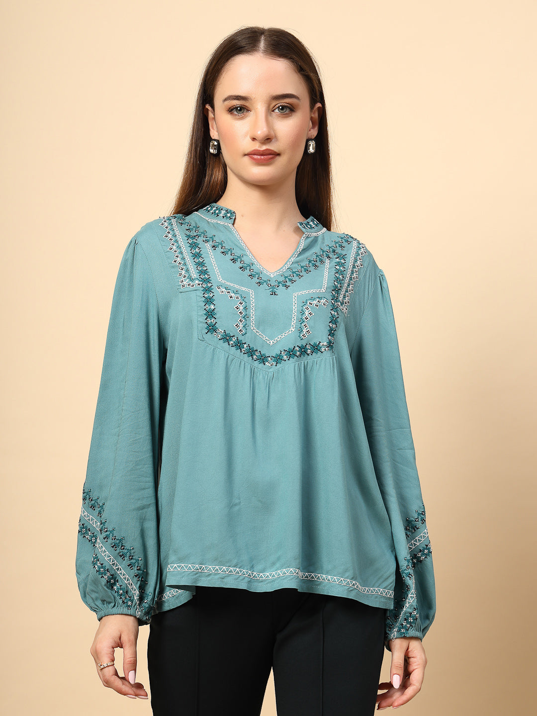 Sage Blue Rayon Tunic with Embroidery