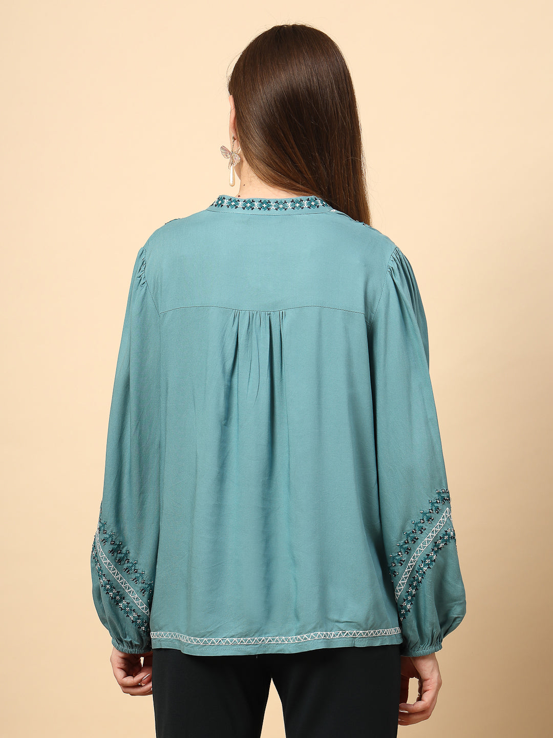 Sage Blue Rayon Tunic with Embroidery