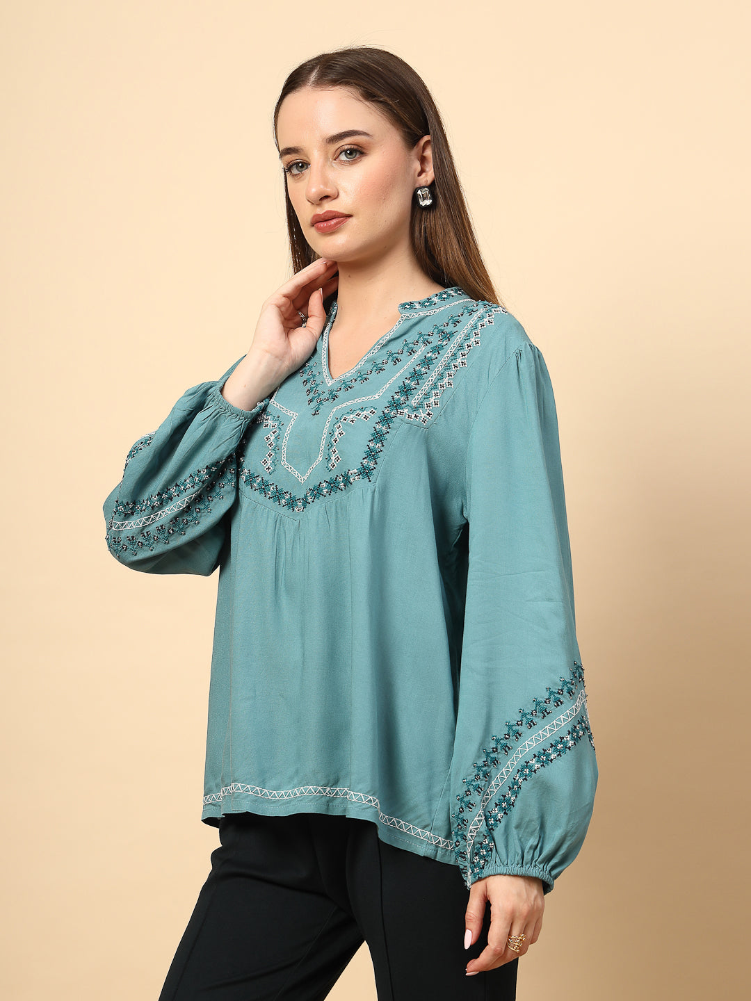 Sage Blue Rayon Tunic with Embroidery