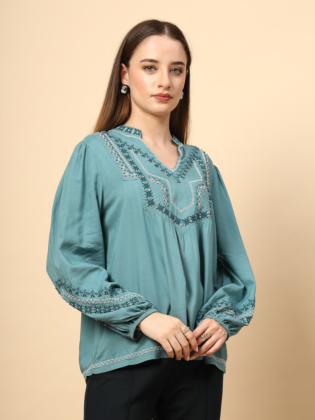 Sage Blue Rayon Tunic with Embroidery