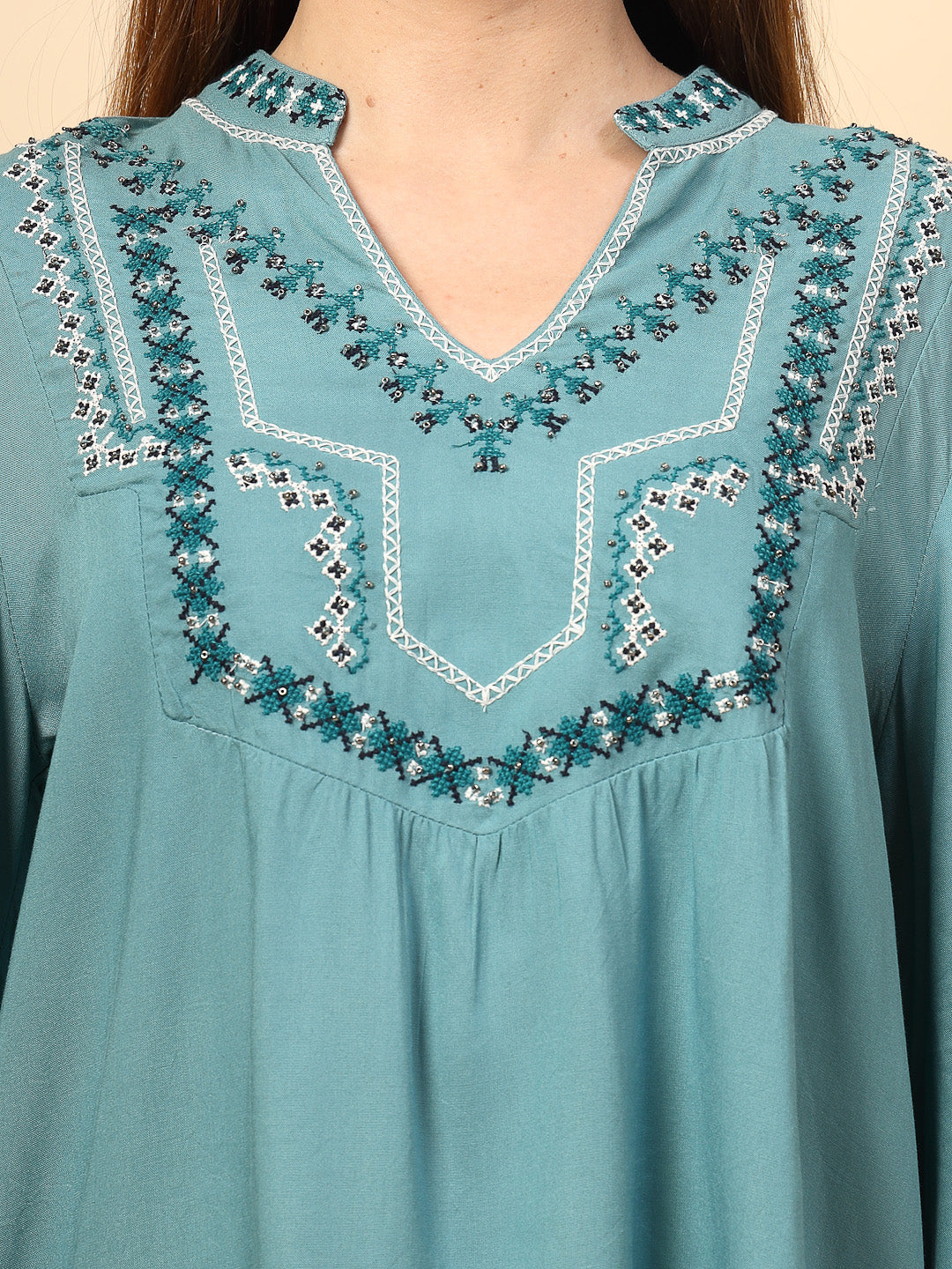 Sage Blue Rayon Tunic with Embroidery