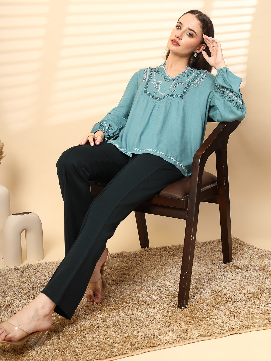 Sage Blue Rayon Tunic with Embroidery