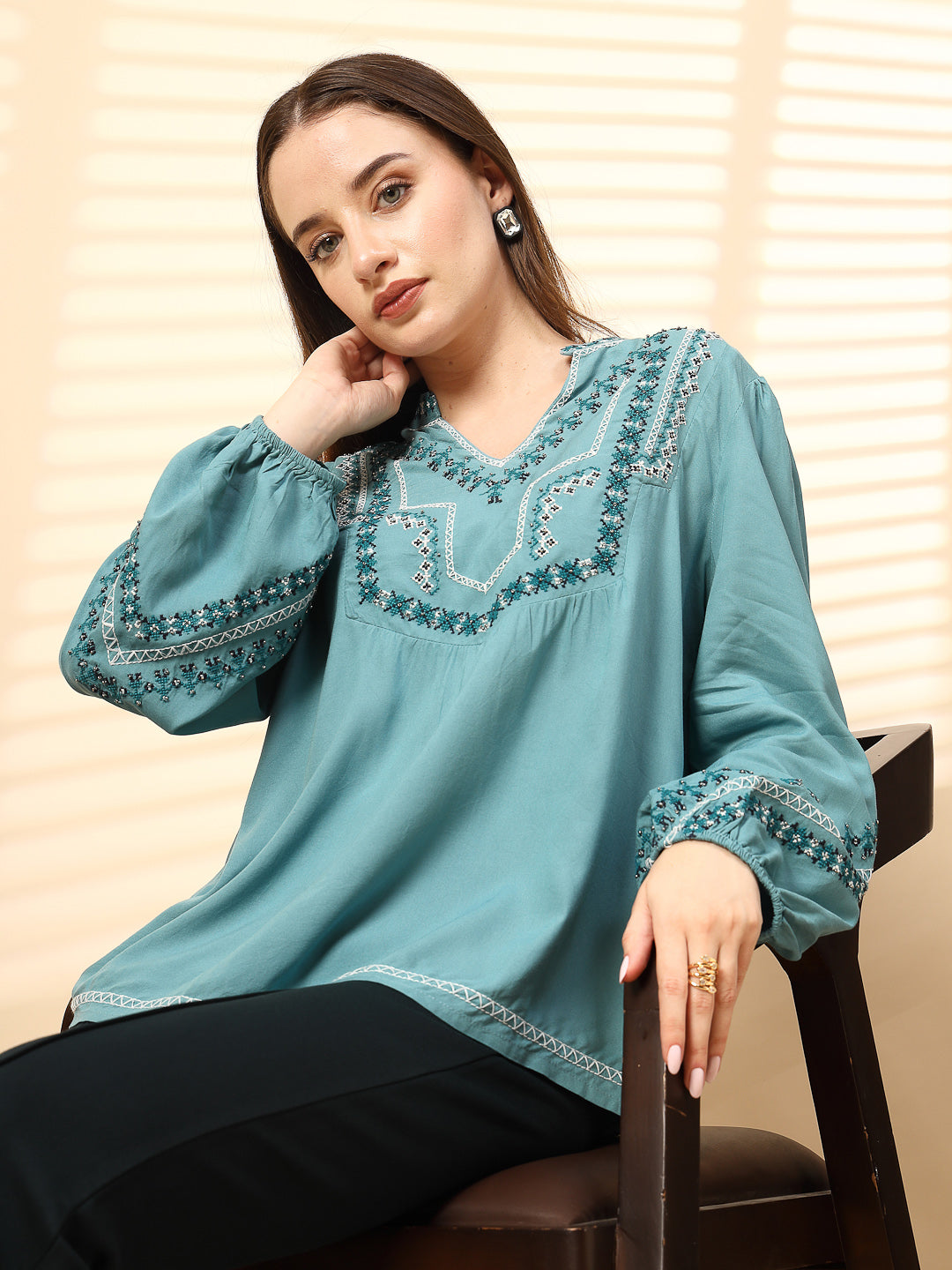 Sage Blue Rayon Tunic with Embroidery