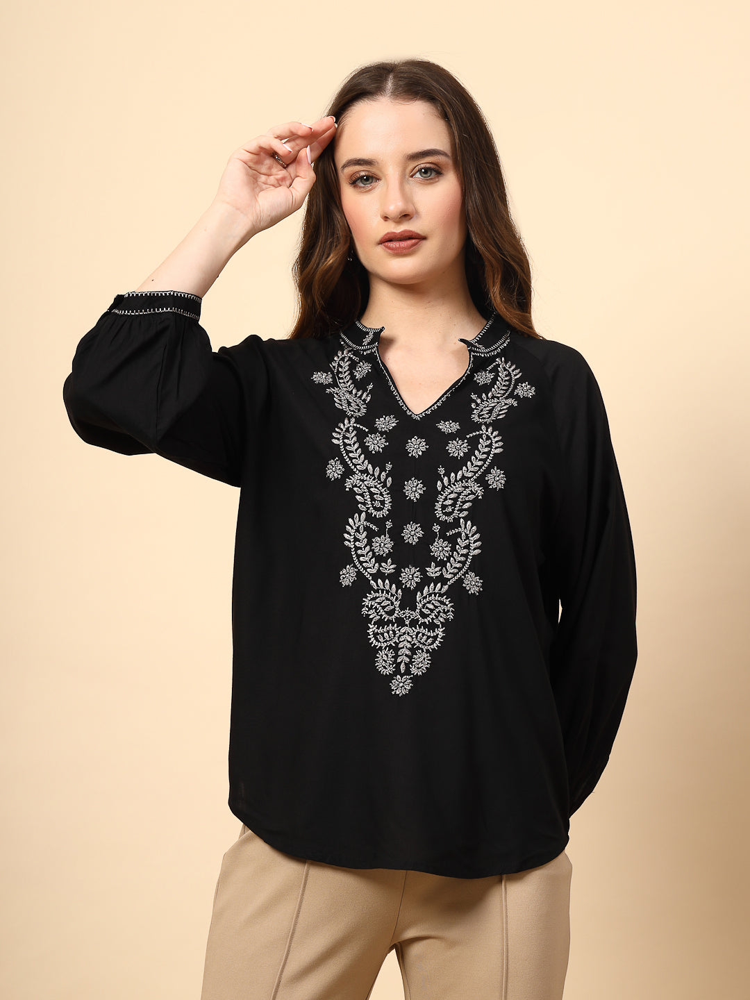 Black Rayon Tunic with Embroidery, Embellished Front