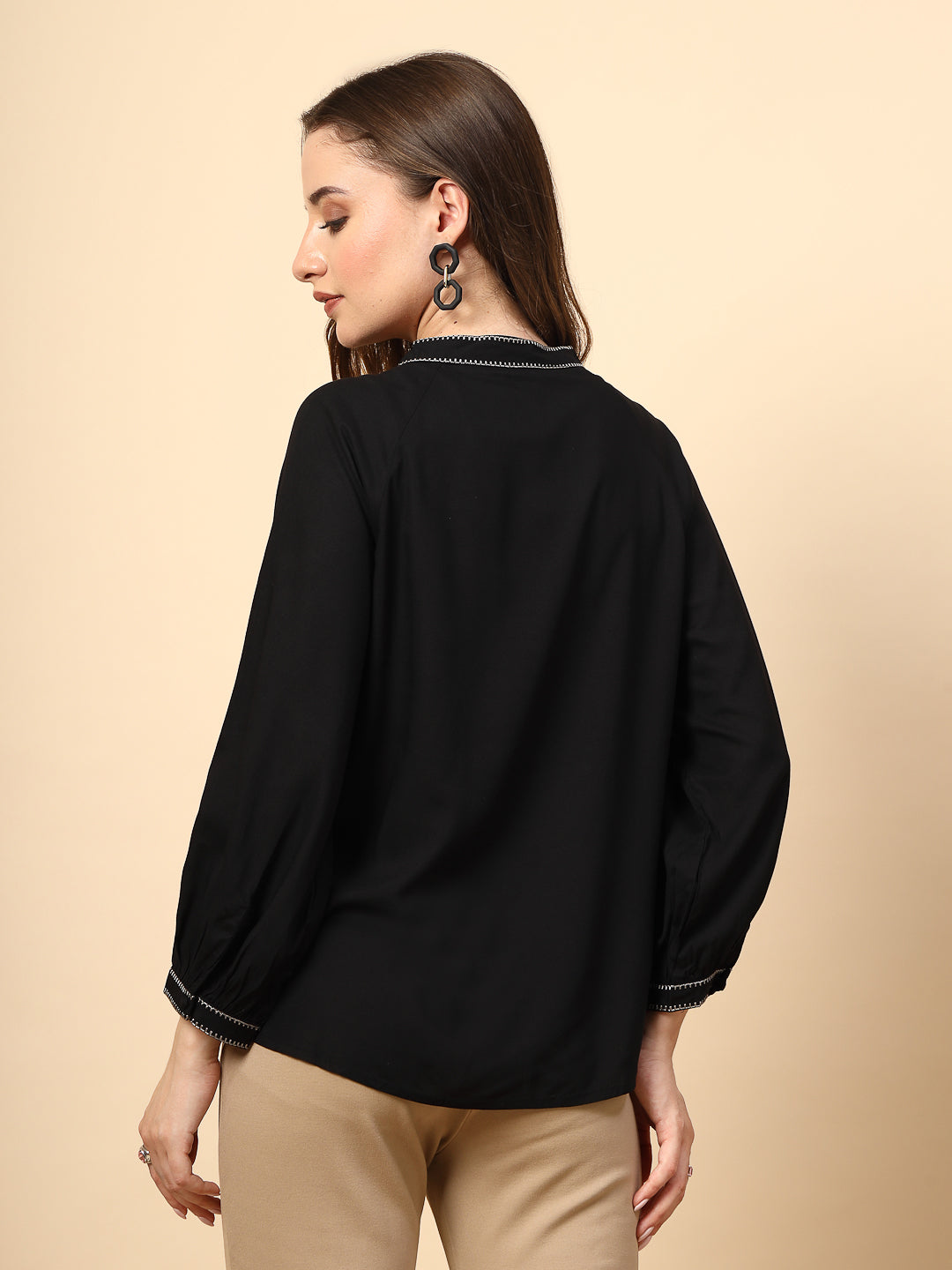 Black Rayon Tunic with Embroidery, Embellished Front