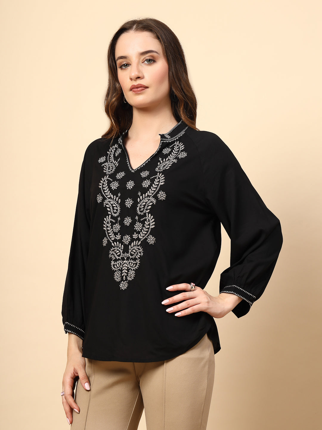 Black Rayon Tunic with Embroidery, Embellished Front