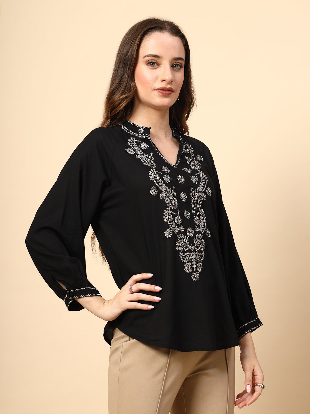 Black Rayon Tunic with Embroidery, Embellished Front