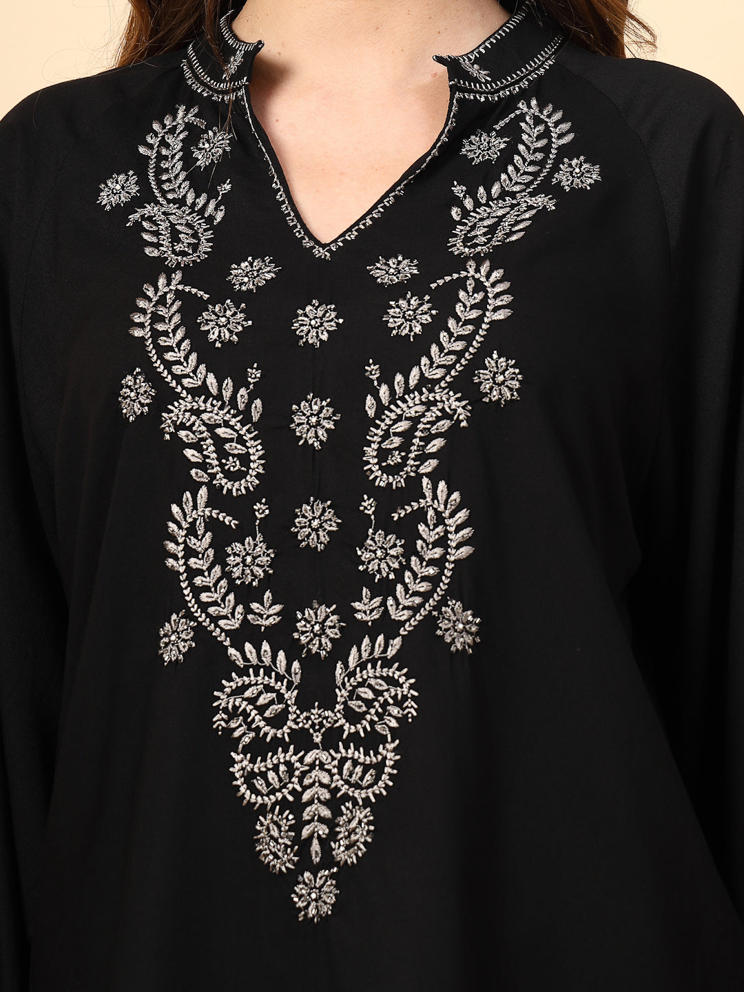 Black Rayon Tunic with Embroidery, Embellished Front