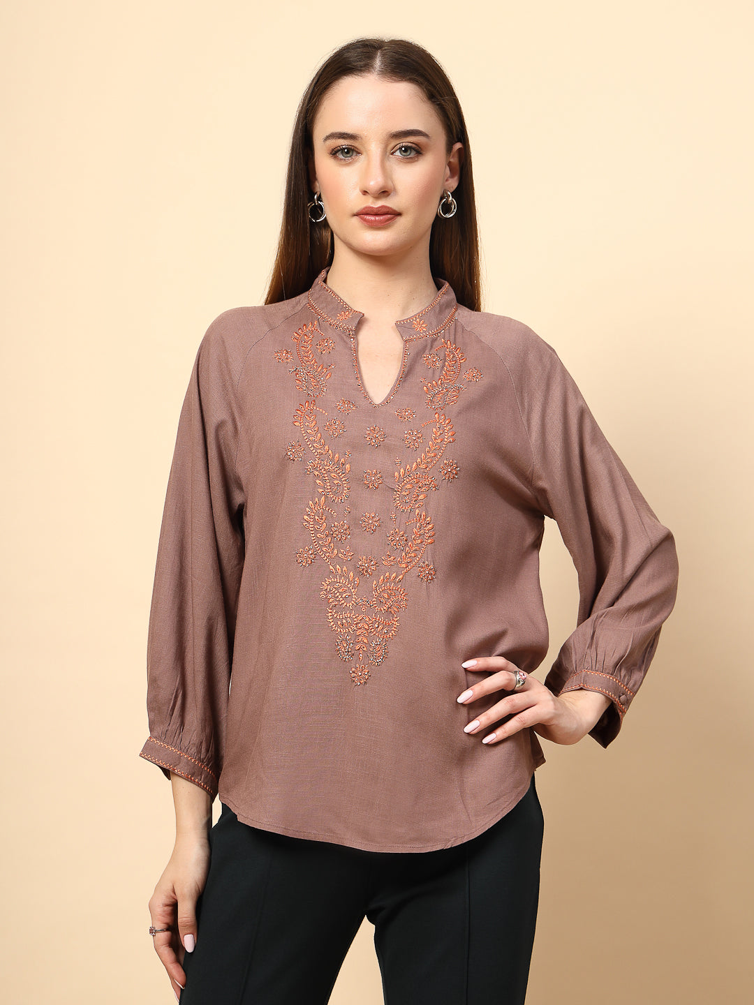 Khaki Rayon Tunic with Embroidery, Embellished Front