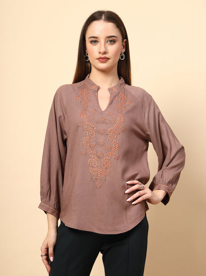 Khaki Rayon Tunic with Embroidery, Embellished Front