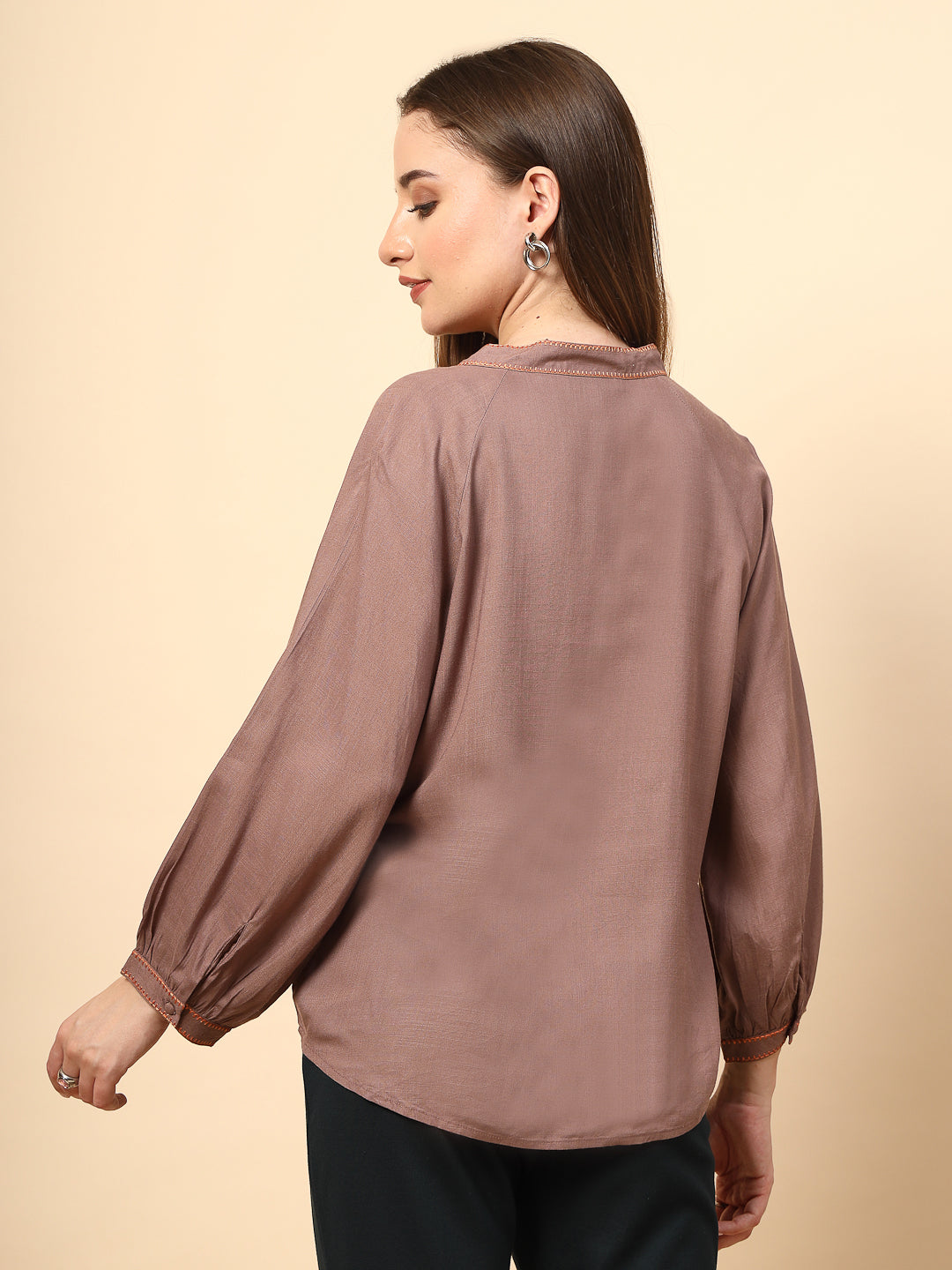 Khaki Rayon Tunic with Embroidery, Embellished Front