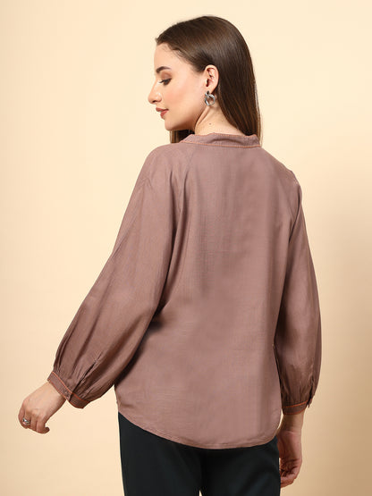 Khaki Rayon Tunic with Embroidery, Embellished Front