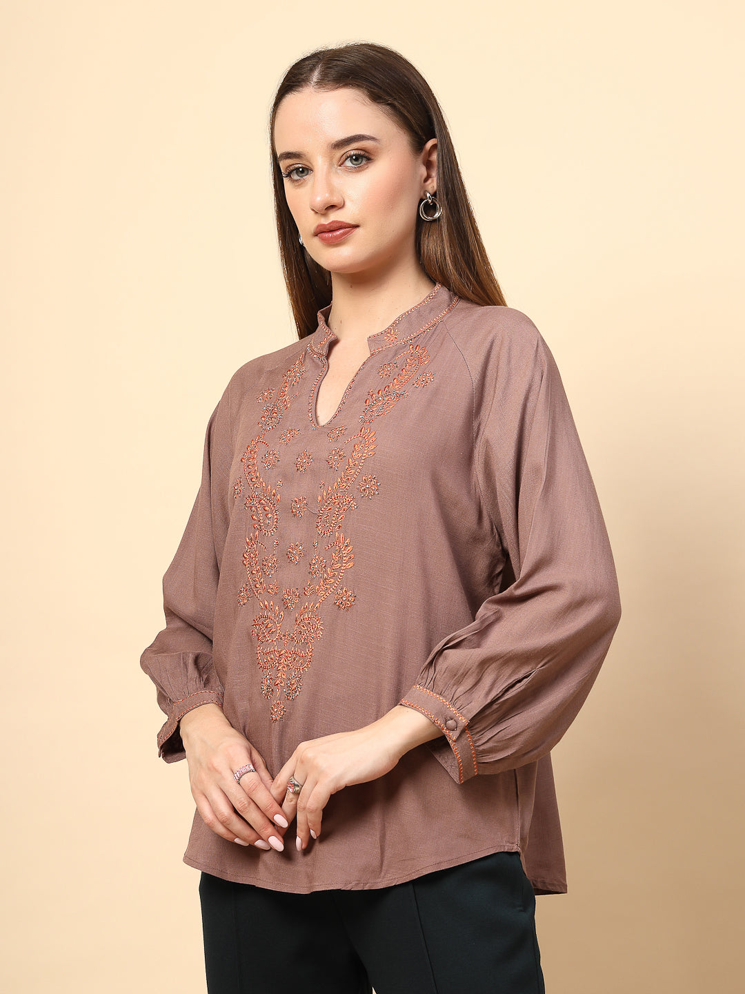 Khaki Rayon Tunic with Embroidery, Embellished Front
