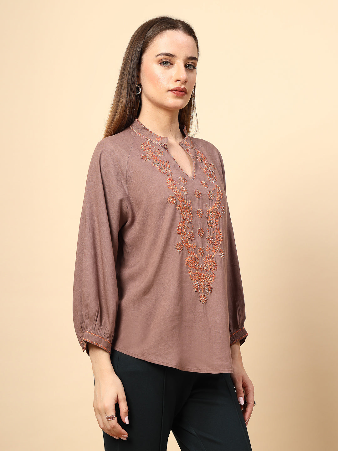Khaki Rayon Tunic with Embroidery, Embellished Front