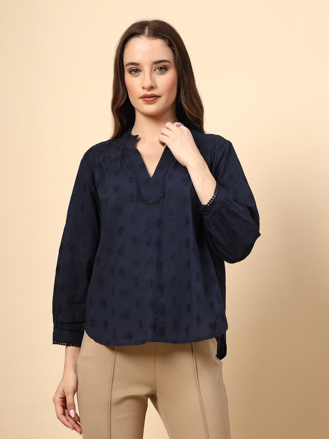 Navy Tunic with Front Smoking and Lace Attachment