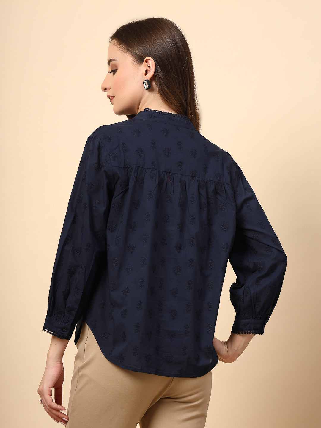 Navy Tunic with Front Smoking and Lace Attachment