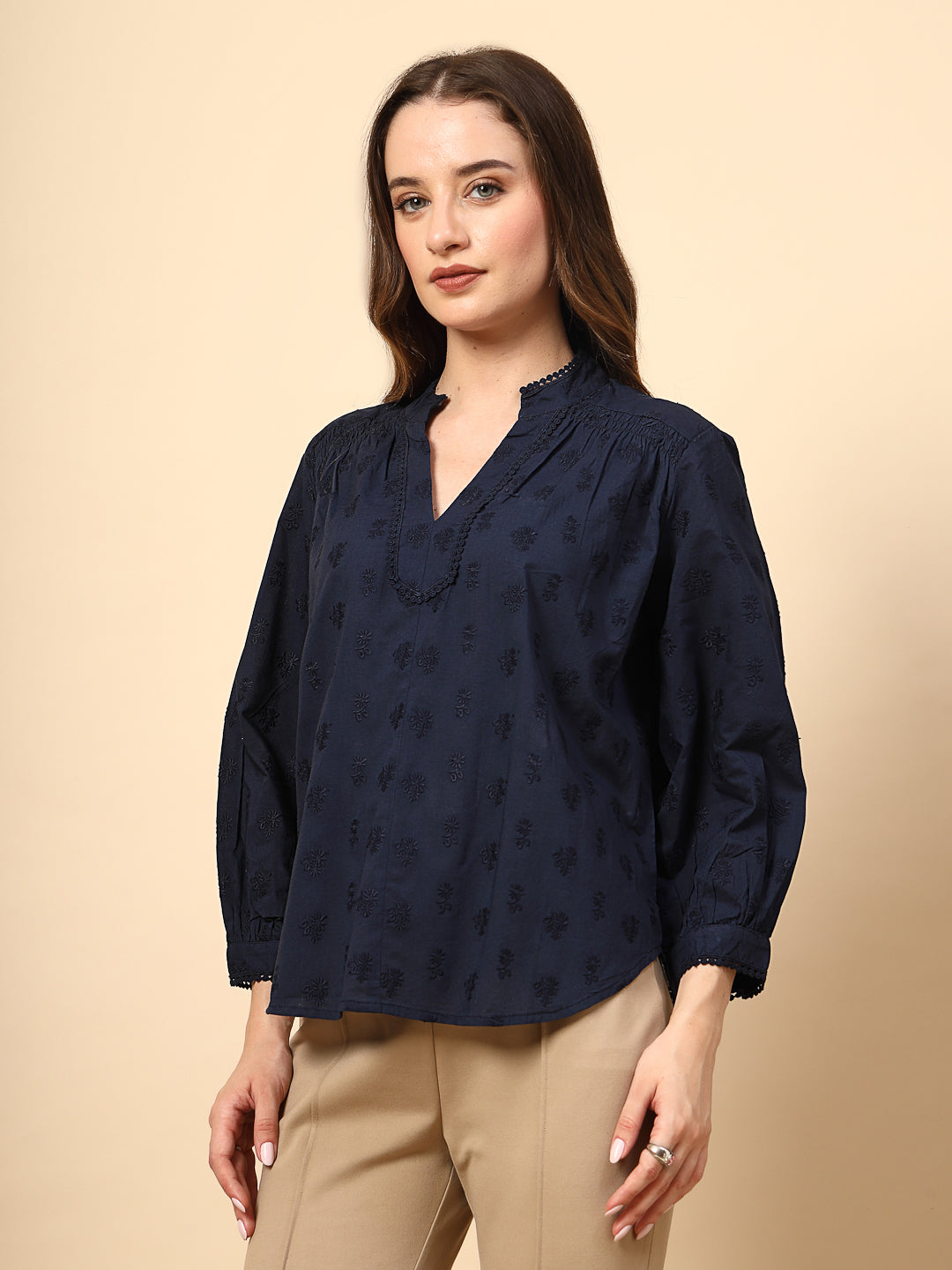 Navy Tunic with Front Smoking and Lace Attachment