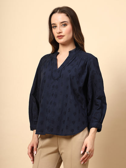 Navy Tunic with Front Smoking and Lace Attachment