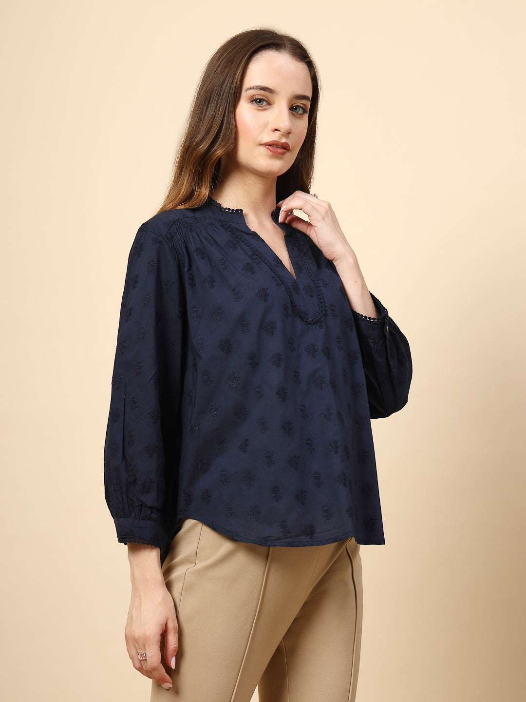 Navy Tunic with Front Smoking and Lace Attachment