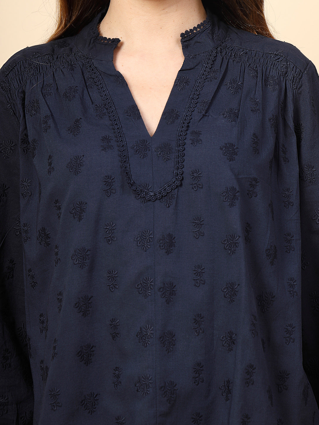 Navy Tunic with Front Smoking and Lace Attachment