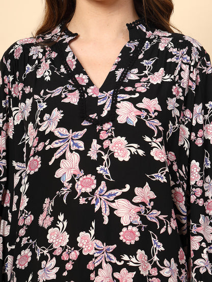 Black Tunic with Front Smoking and Lace Attachment