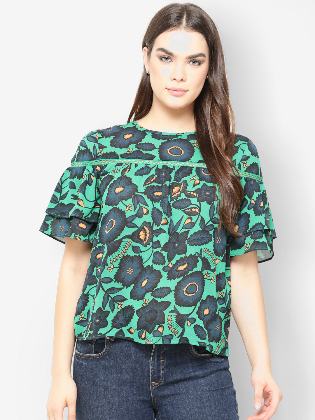 Gipsy Round Neck Floral Lace Trimming Printed Top