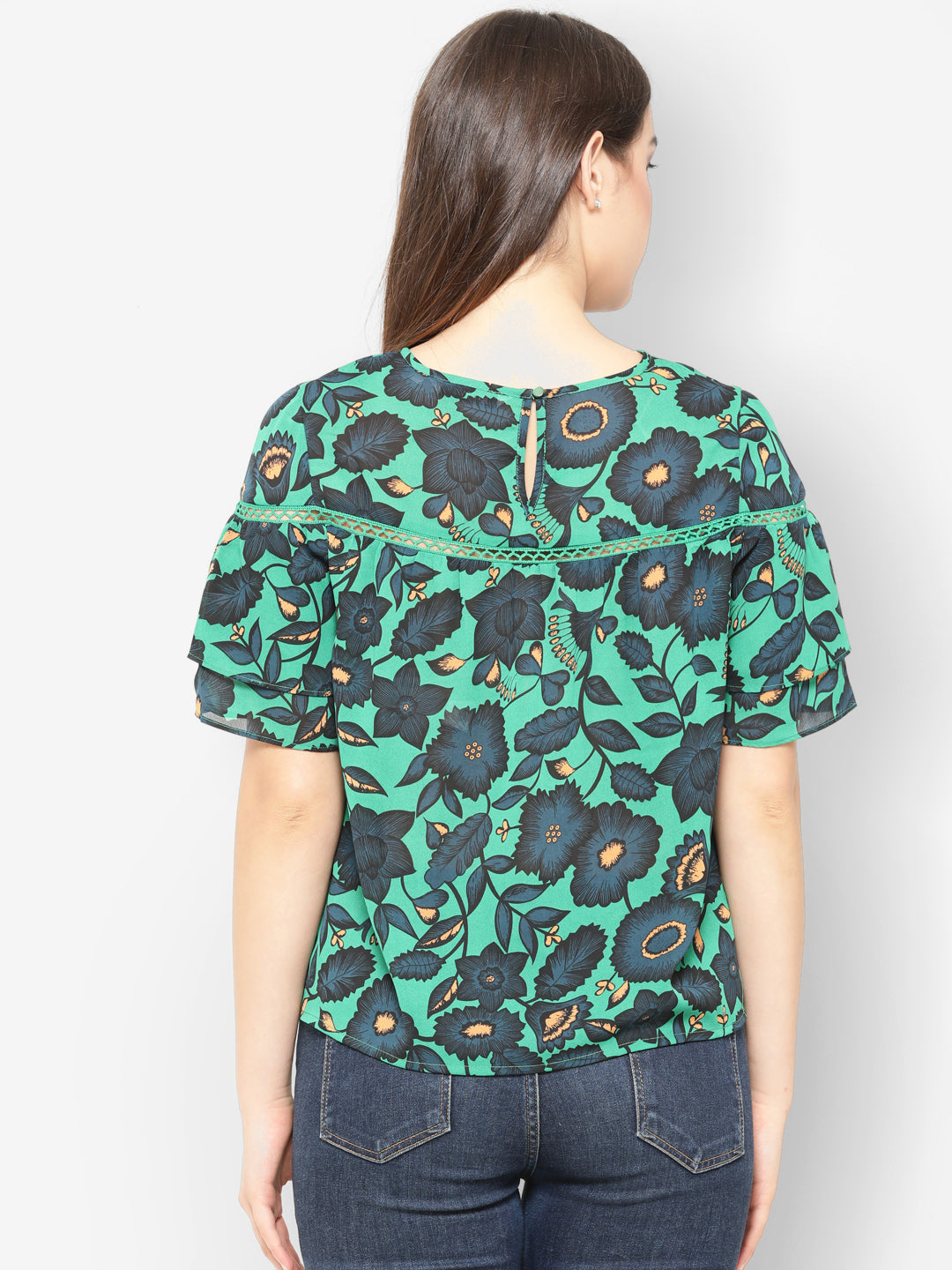 Gipsy Round Neck Floral Lace Trimming Printed Top