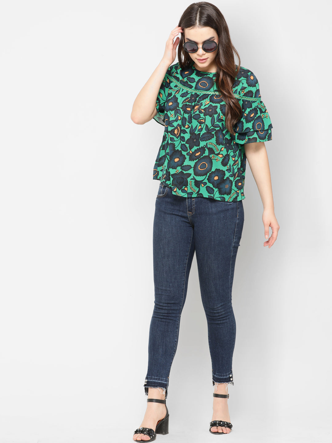 Gipsy Round Neck Floral Lace Trimming Printed Top