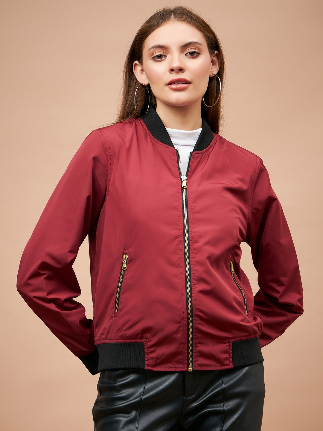 Gipsy Maroon Solid Polyester Jacket
