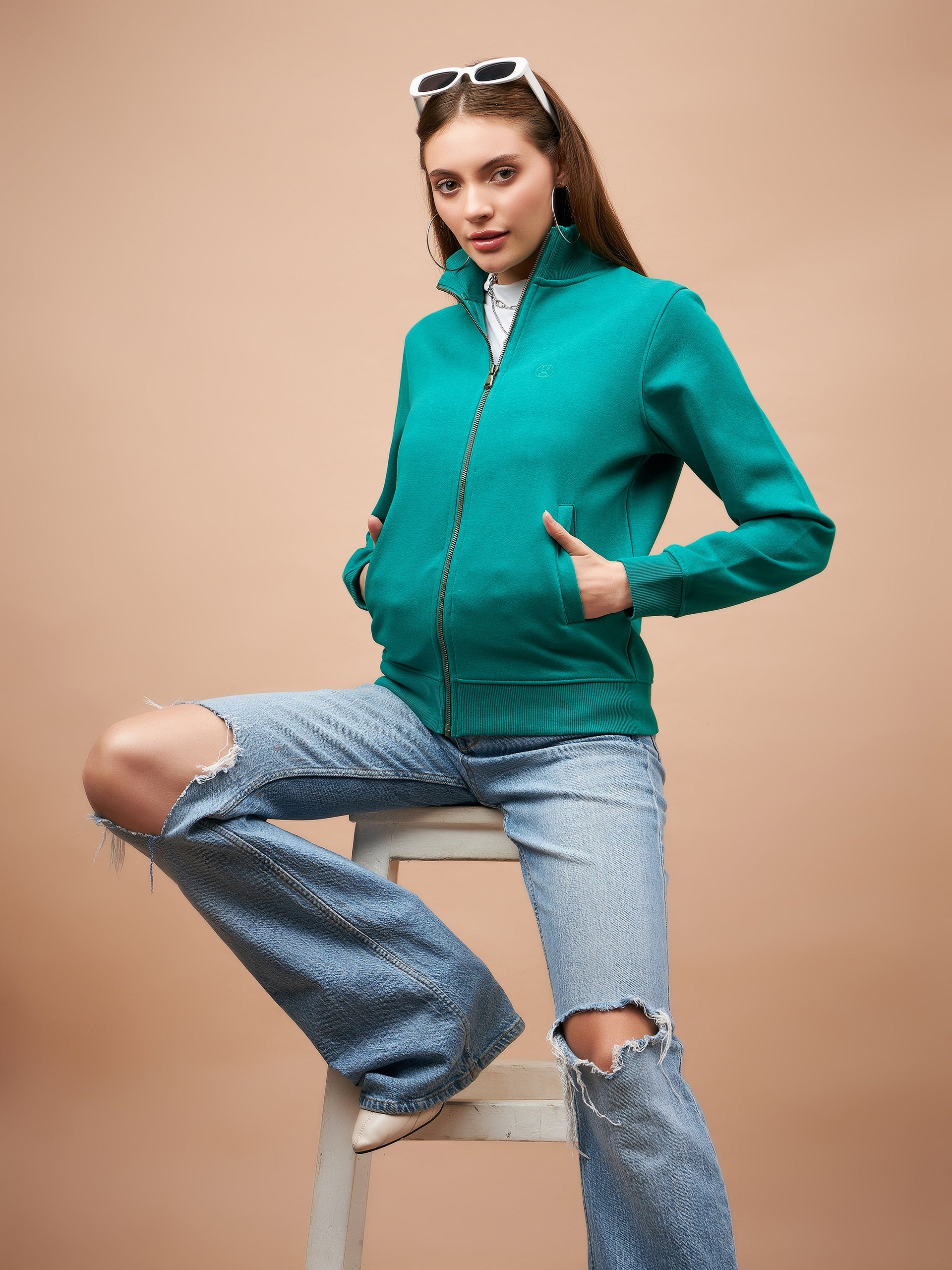 Gipsy Women Shirt Collar Straight Full Sleeve Polyester Fabric Jade Green Jackets