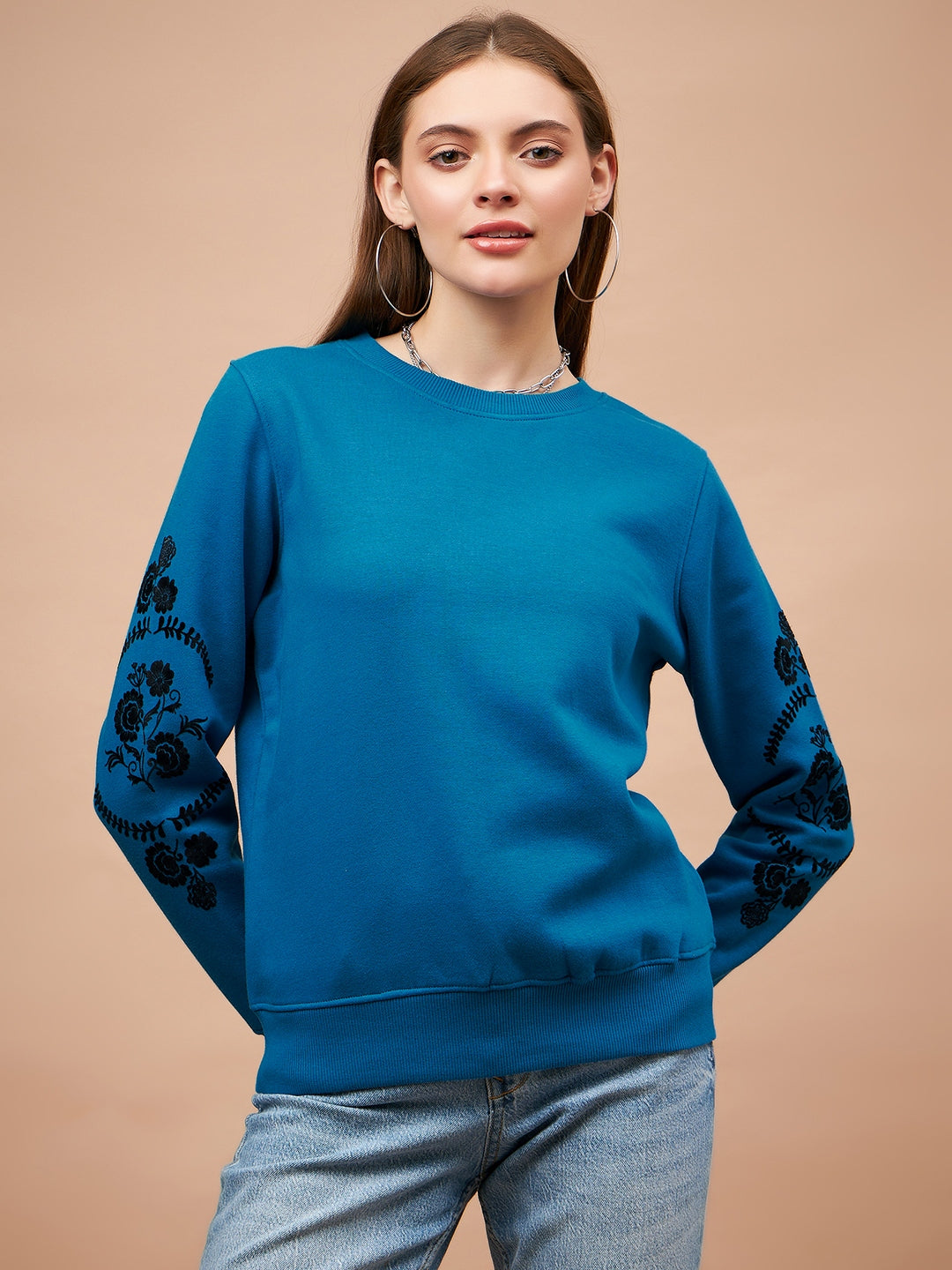 Gipsy Blue Solid Poly Cotton Sweatshirt