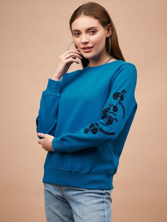Gipsy Blue Solid Poly Cotton Sweatshirt