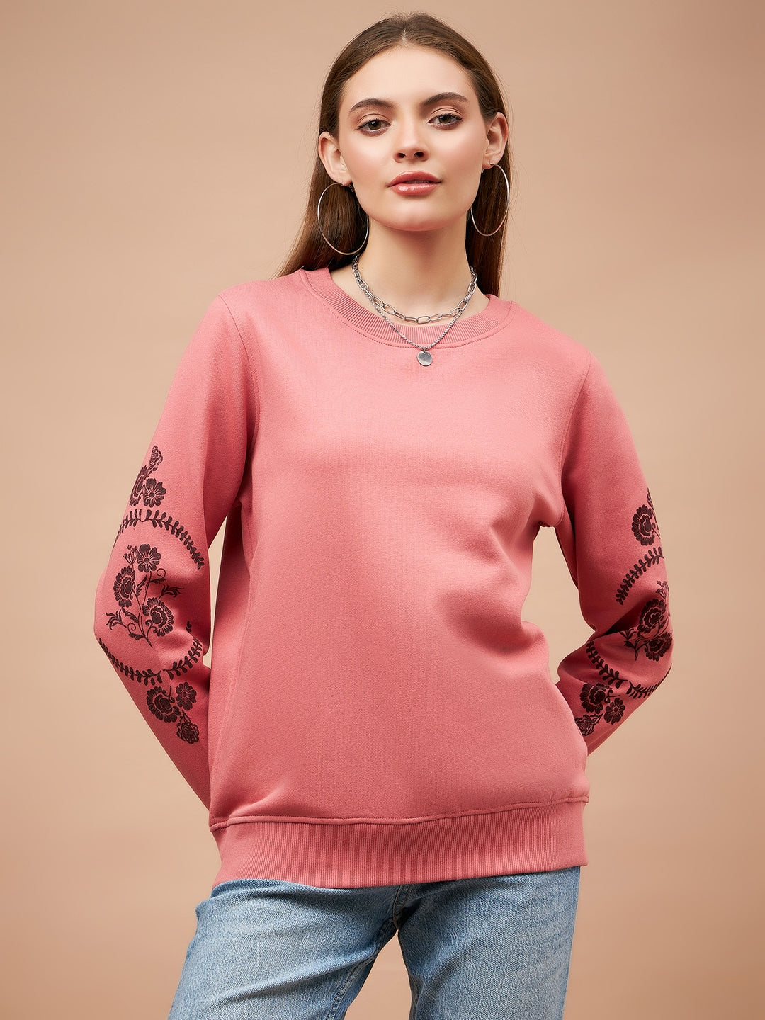 Gipsy Women Round Neck Straight Full Sleeve Cotton/Poly Fabric Dusky Pink Sweatshirt