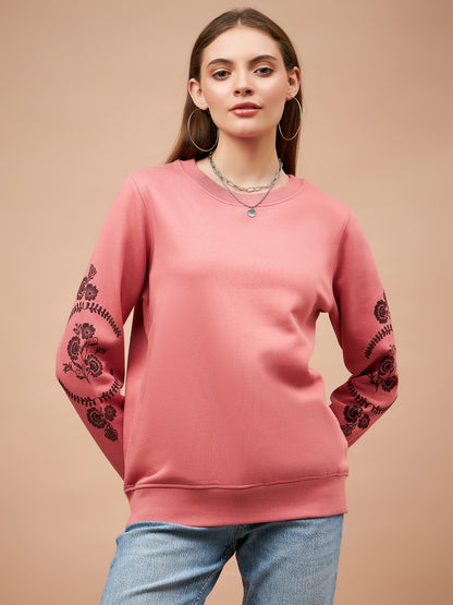 Gipsy Women Round Neck Straight Full Sleeve Cotton/Poly Fabric Dusky Pink Sweatshirt