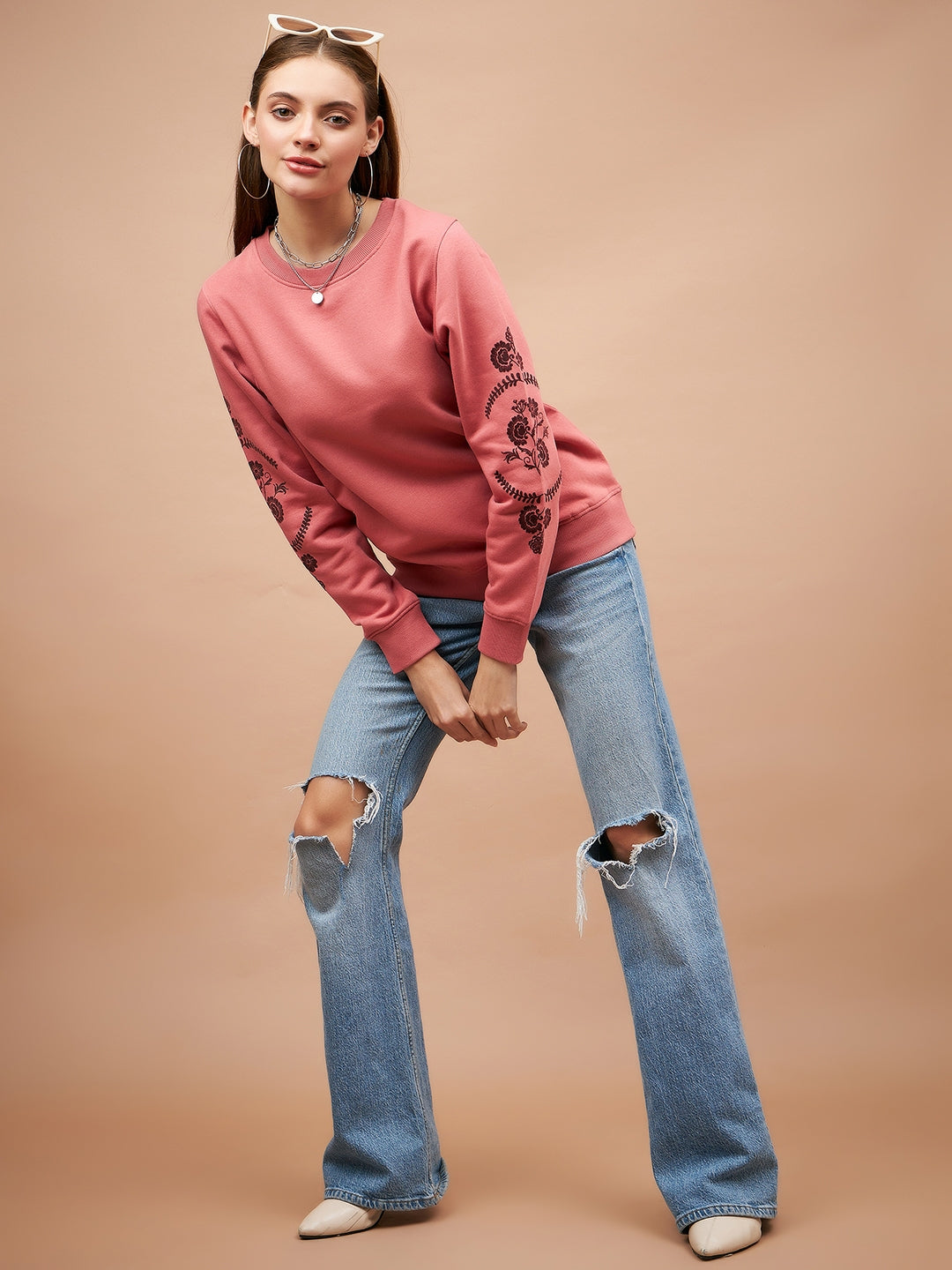 Gipsy Women Round Neck Straight Full Sleeve Cotton/Poly Fabric Dusky Pink Sweatshirt