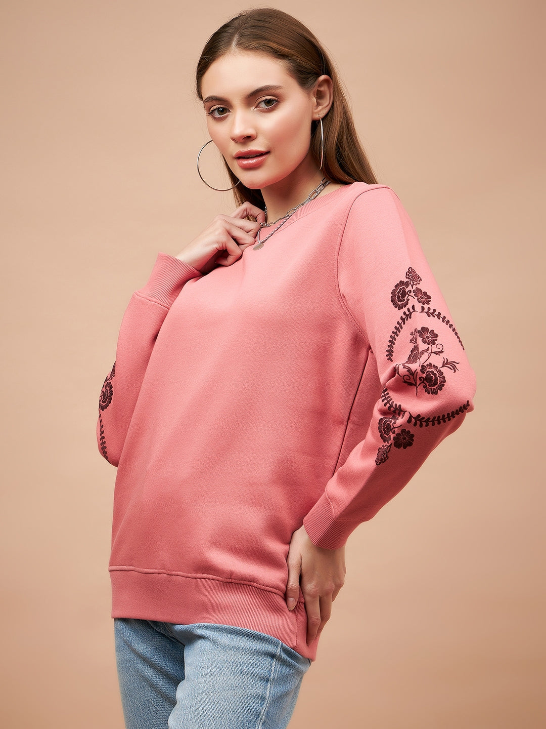 Gipsy Women Round Neck Straight Full Sleeve Cotton/Poly Fabric Dusky Pink Sweatshirt
