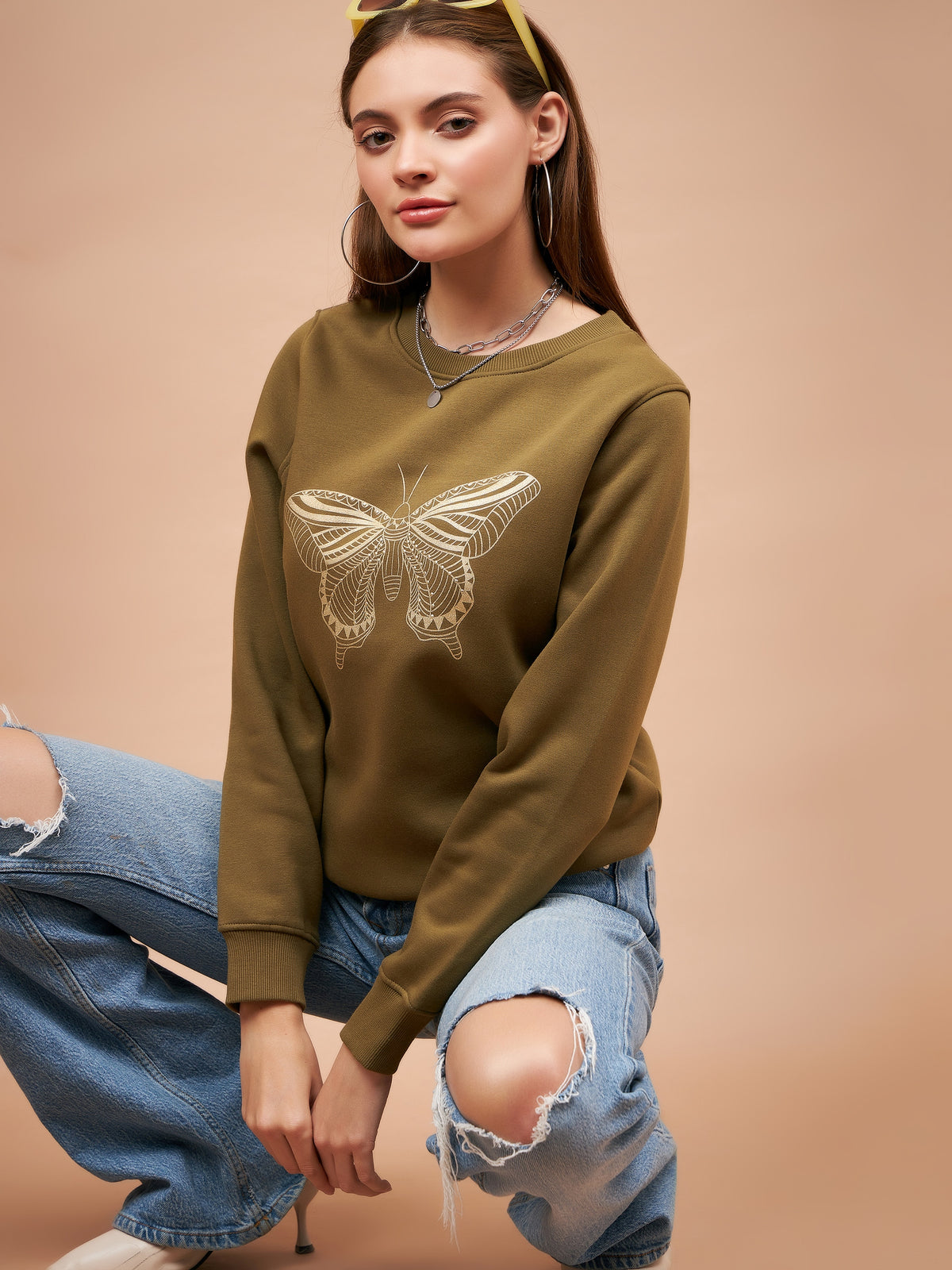 Gipsy Olive Solid Poly Cotton Sweatshirt