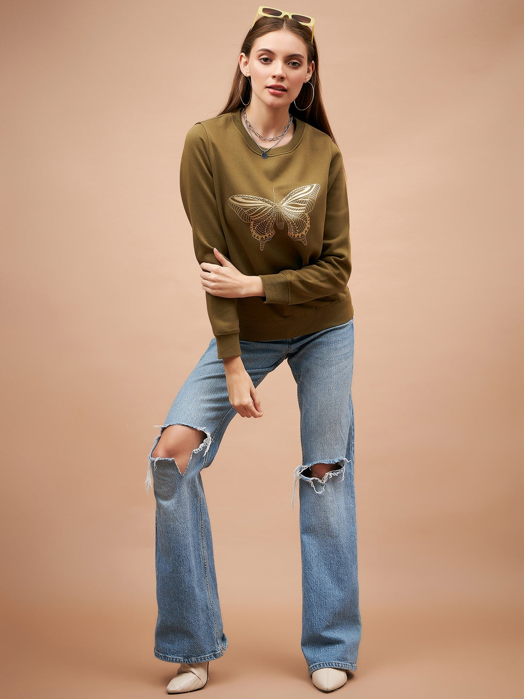 Gipsy Olive Solid Poly Cotton Sweatshirt