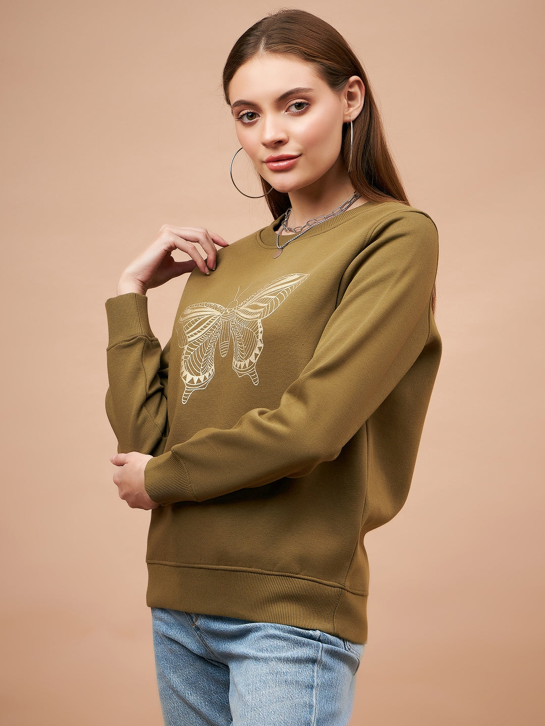 Gipsy Olive Solid Poly Cotton Sweatshirt