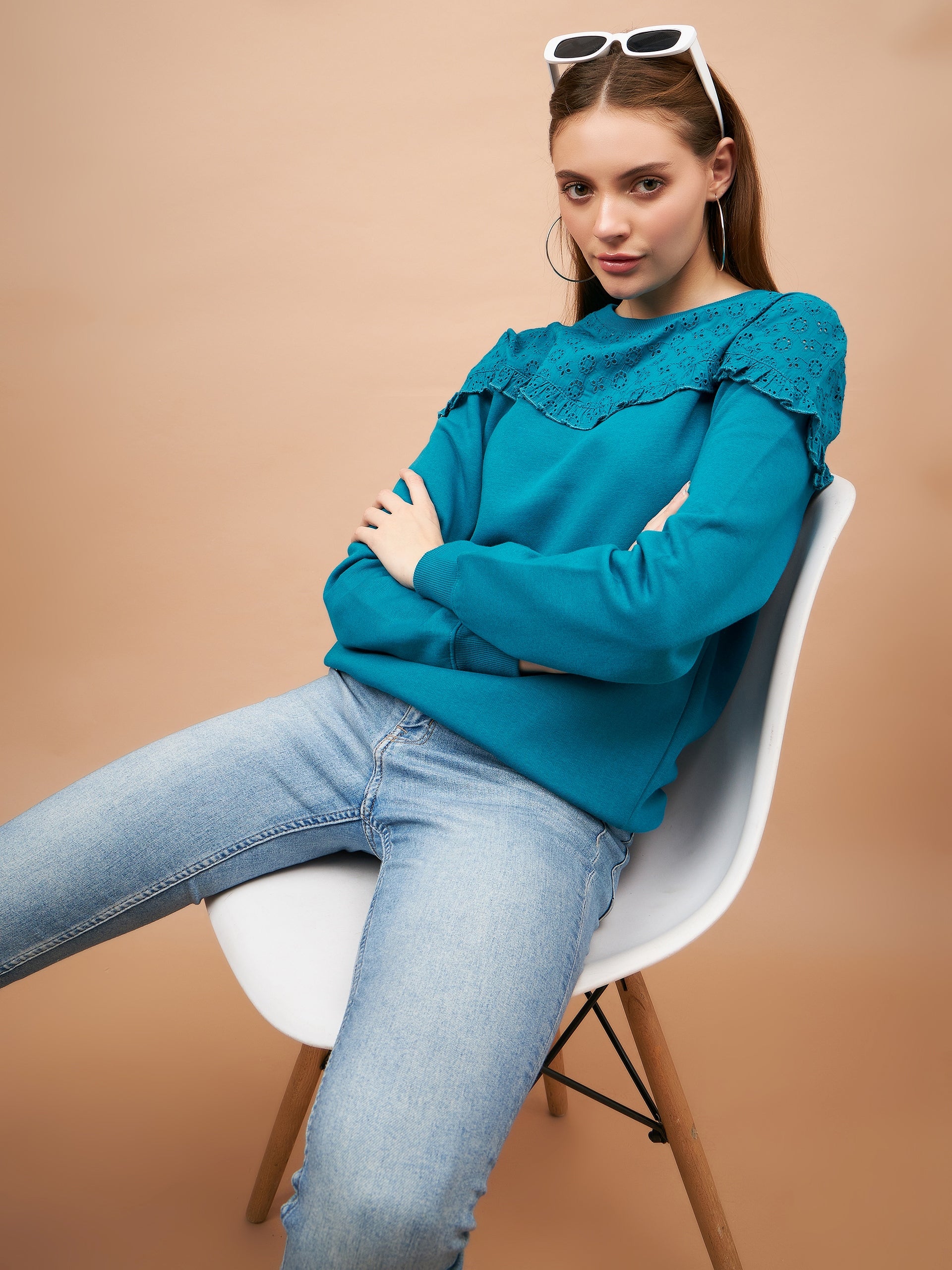 Gipsy Blue Solid & Net Poly Cotton Sweatshirt