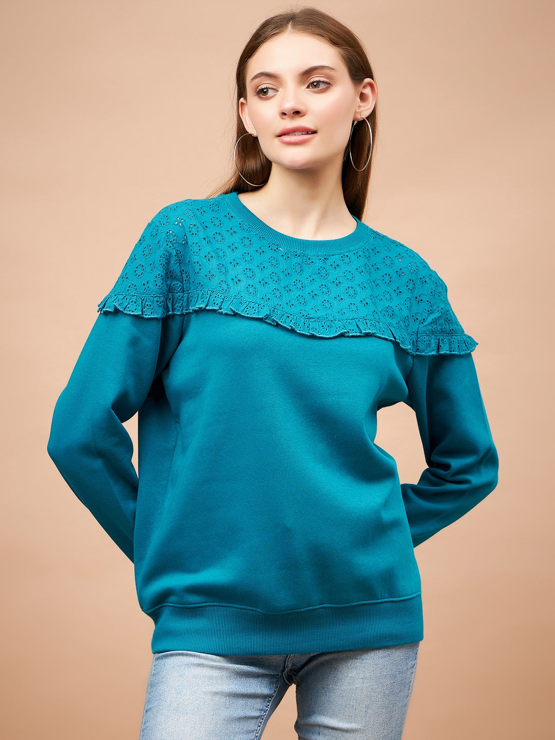 Gipsy Blue Solid & Net Poly Cotton Sweatshirt
