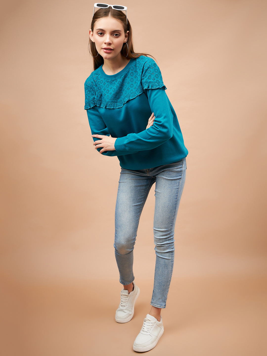 Gipsy Blue Solid & Net Poly Cotton Sweatshirt