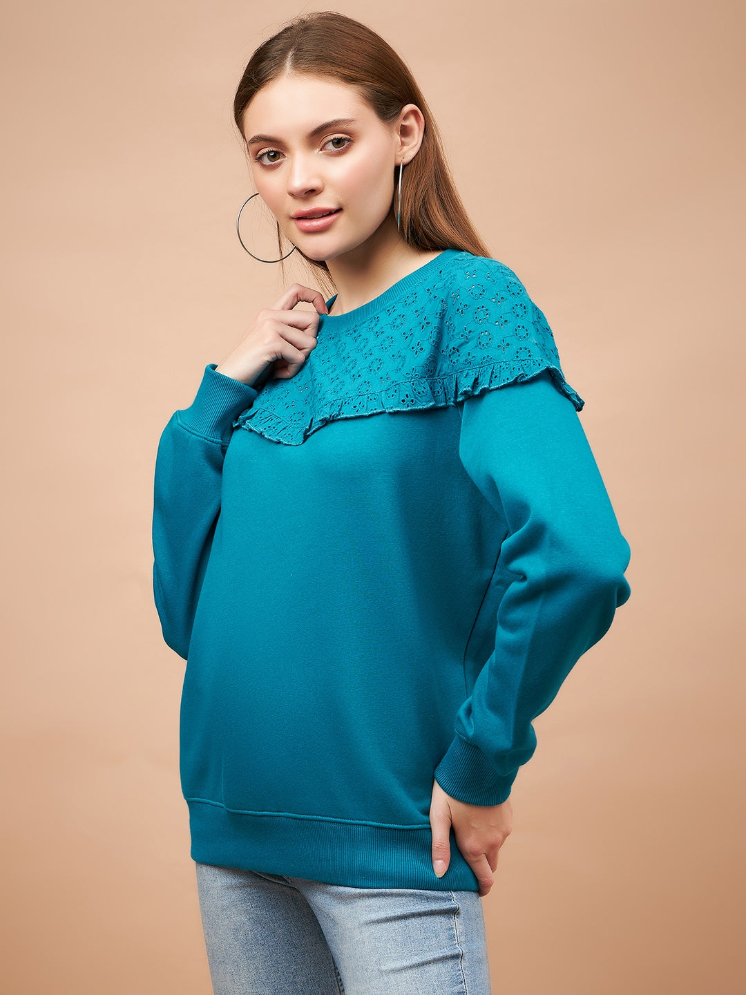 Gipsy Blue Solid & Net Poly Cotton Sweatshirt