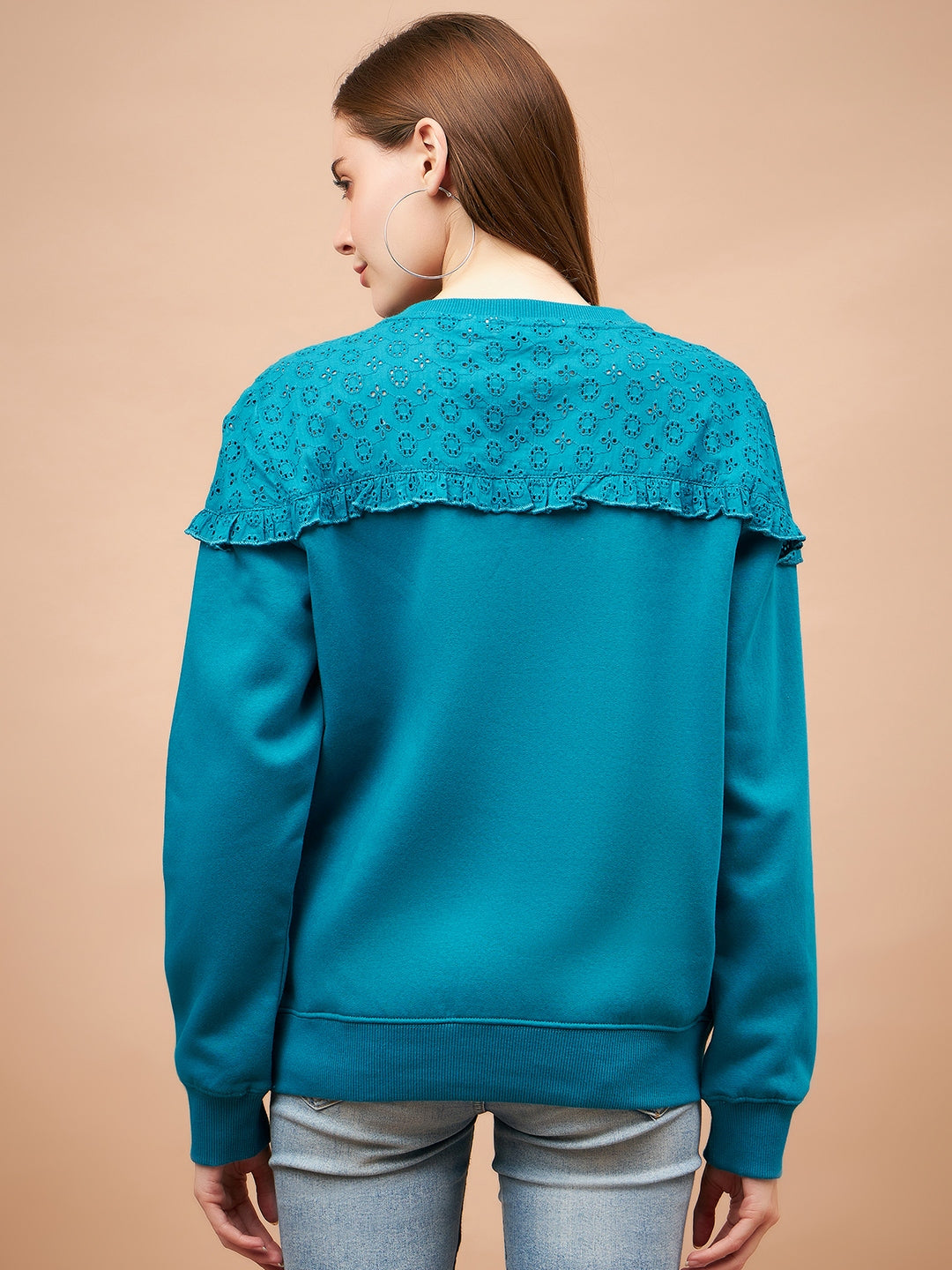 Gipsy Blue Solid & Net Poly Cotton Sweatshirt